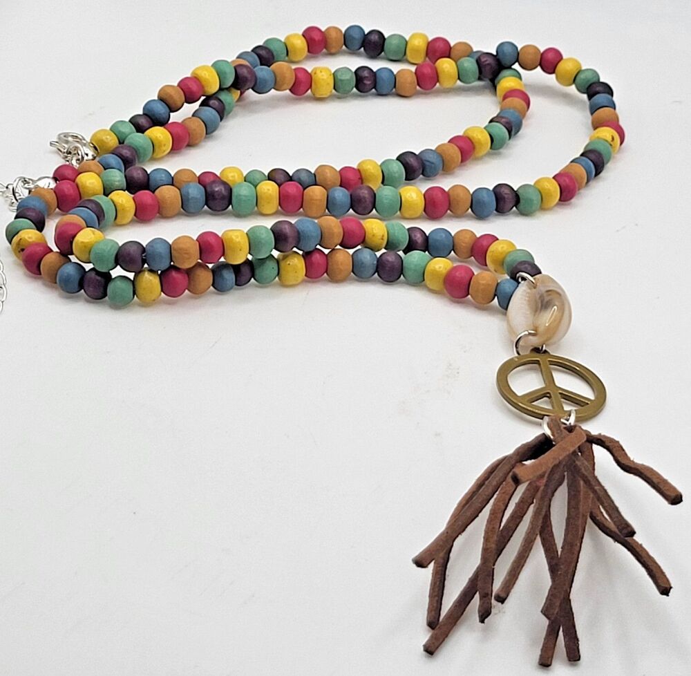 Boho Multicolor Wood Bead Long Necklace Peace Sign Faux Suede Fringe Tassel 33in